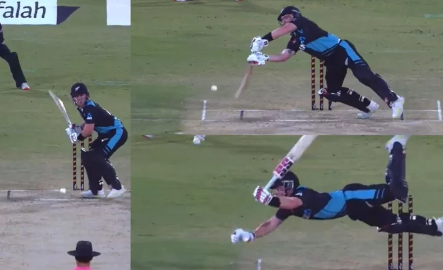 Tim Seifert attempts a daring full-stretch shot against Mohammad Amir during 5th T20I