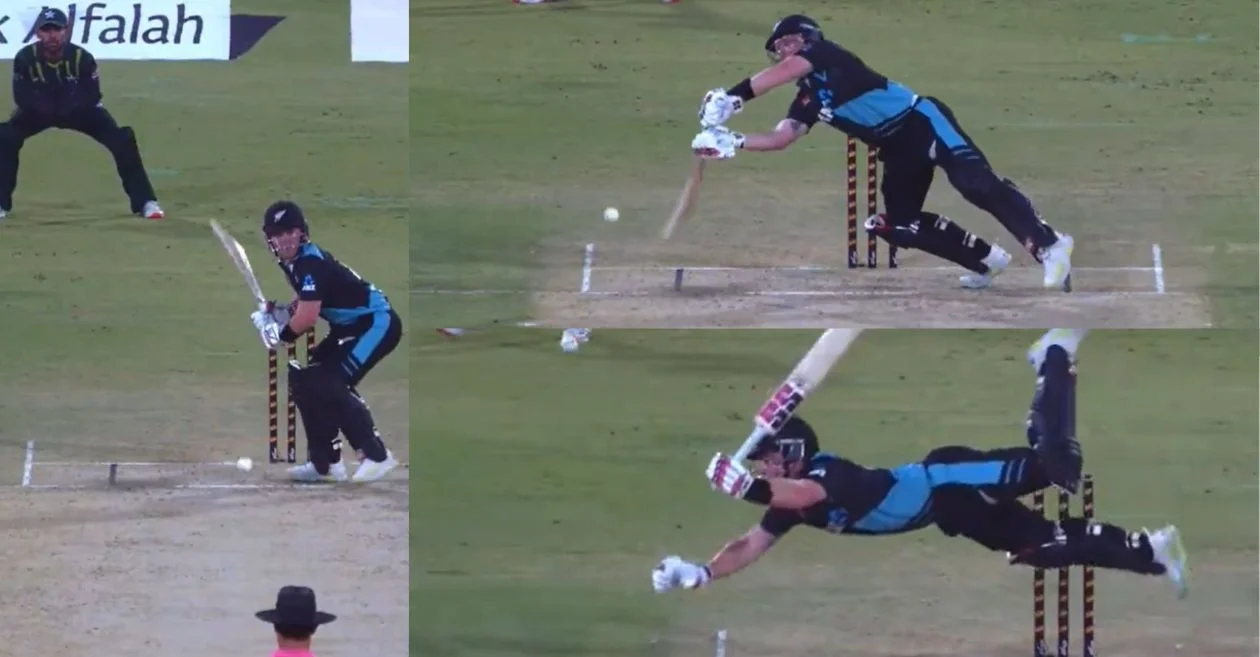 Tim Seifert attempts a daring full-stretch shot against Mohammad Amir during 5th T20I