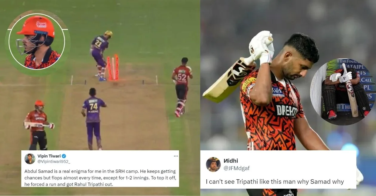 IPL 2024: Fans mercilessly roast Abdul Samad after Rahul Tripathi’s unfortunate run-out during KKR vs SRH Qualifier 1 clash