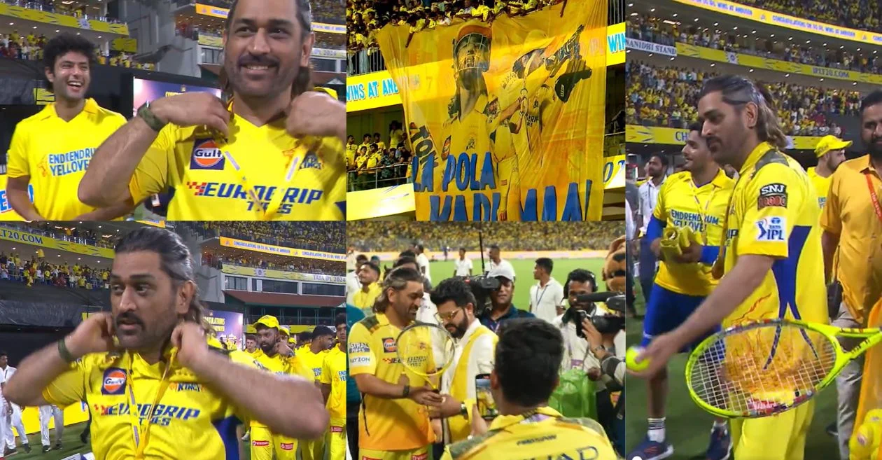 IPL 2024 : MS Dhoni leads CSK’s victory lap at Chepauk after win over RR; Suresh Raina also joins