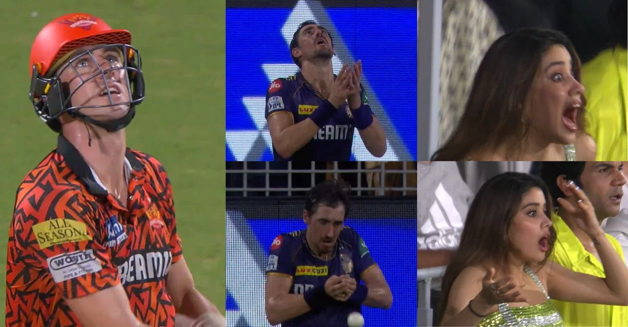 Actress Janhvi Kapoor in disbelief as Mitchell Starc fails to hold onto Pat Cummins’ catch | IPL 2024 Final, KKR vs SRH