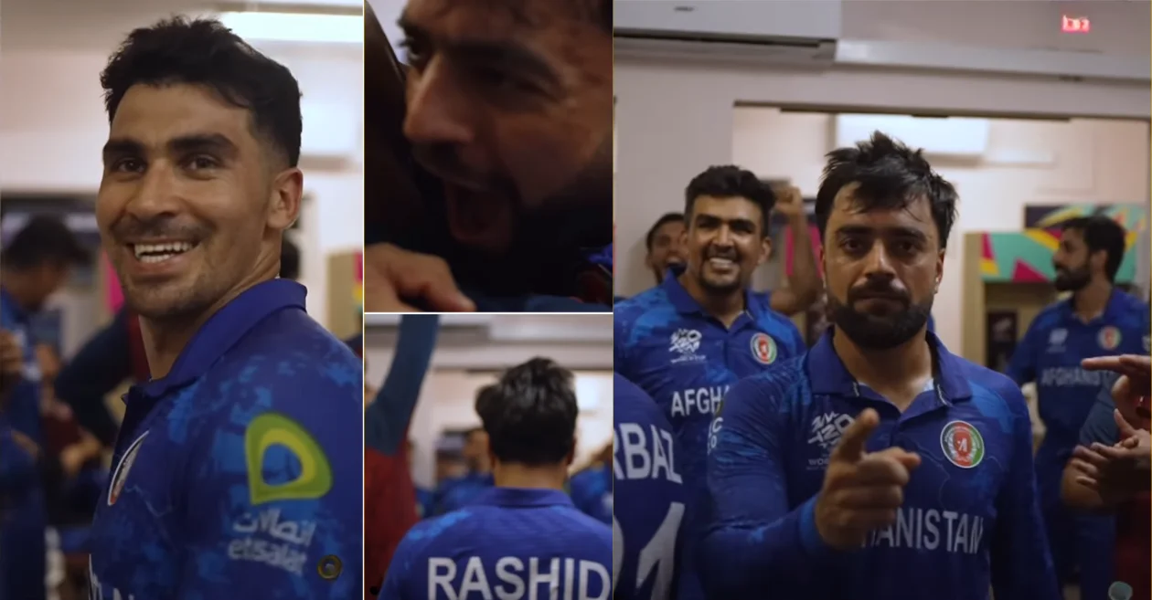 Afghanistan players joyfully celebrate their victory against Australia in the dressing room