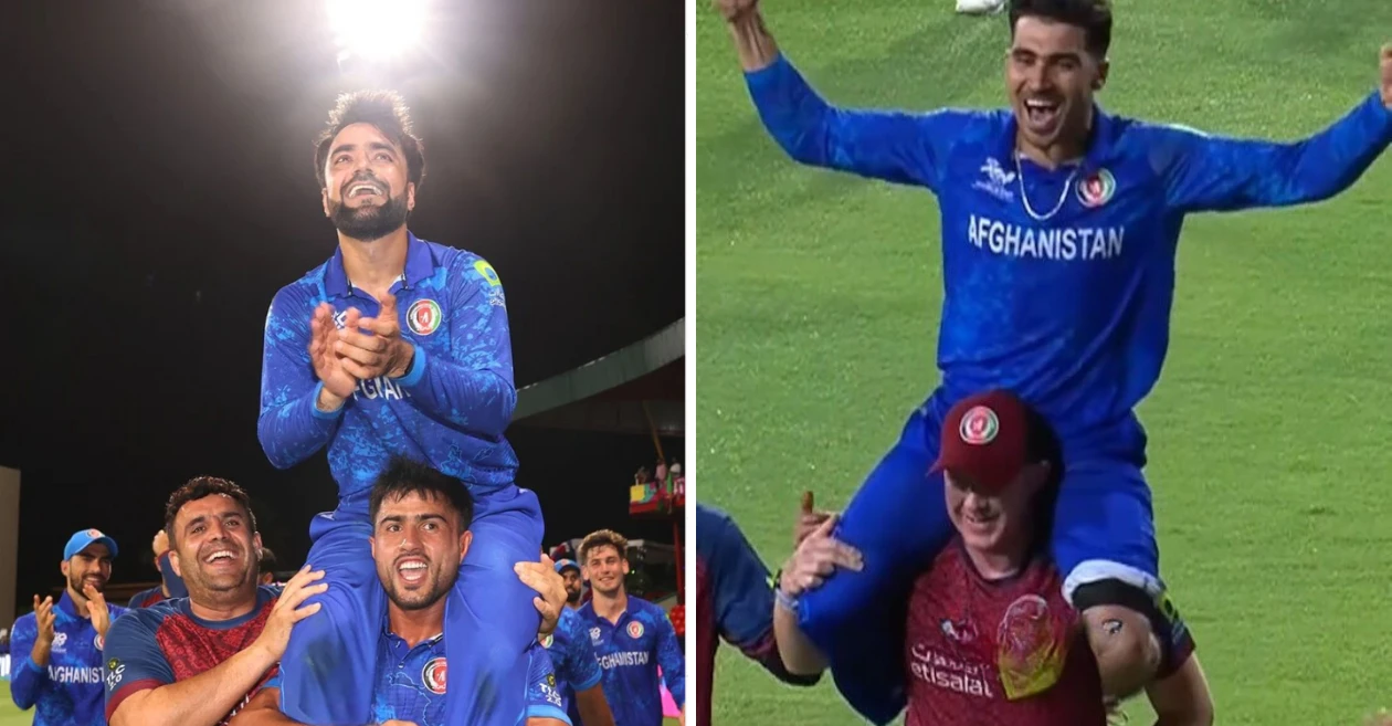 Afghanistan players lift Rashid Khan, coach Jonathan Trott carry Rahmanullah Gurbaz on shoulders after reaching the semifinals