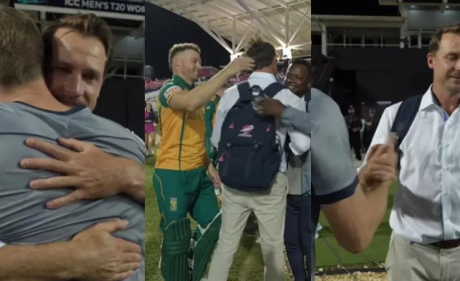 Dale Steyn joins South African players after their historic semifinal win over Afghanistan in T20 World Cup 2024