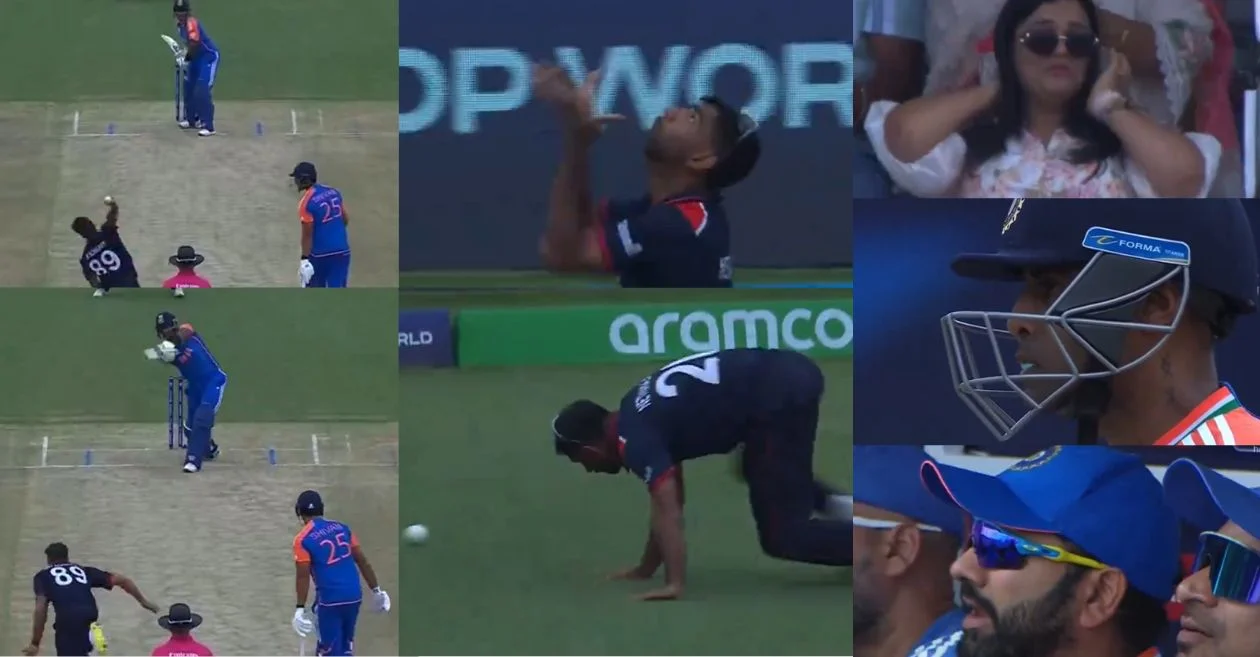 T20 World Cup 2024 : Suryakumar Yadav’s wife and Rohit Sharma display different emotions after the batter narrowly avoids dismissal in IND vs USA game