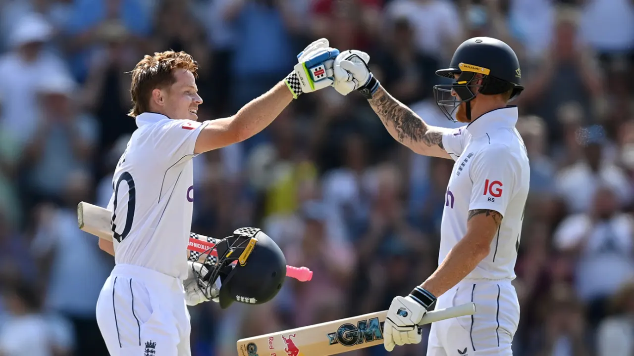 Ollie Pope century drives England to 416 on high-paced first day