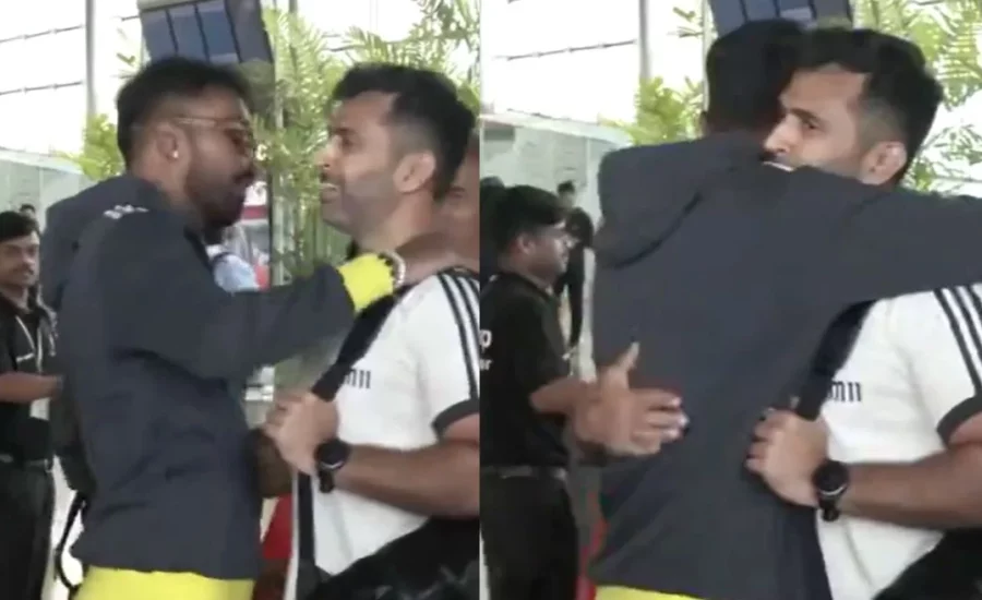 Hardik Pandya hugs new assistant coach Abhishek Nayar as India departs for Sri Lanka