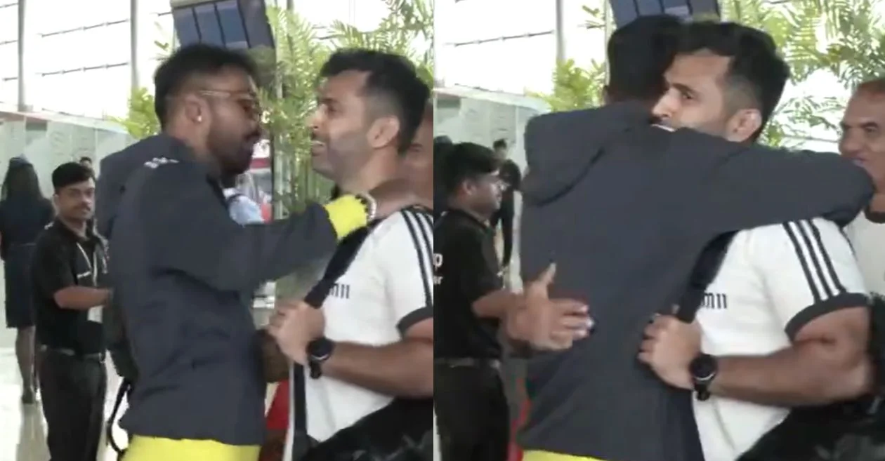 Hardik Pandya hugs new assistant coach Abhishek Nayar as India departs for Sri Lanka