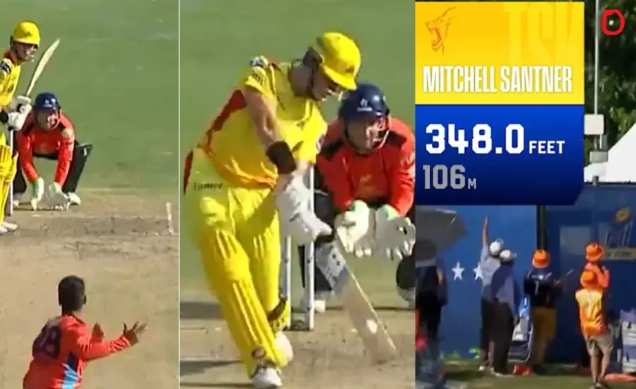 Mitchell Santner hits a mammoth 106-metre six during SFU vs TSK match in MLC 2024