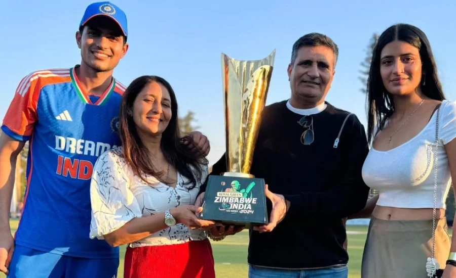 Shubman Gill celebrates India’s T20I series win over Zimbabwe with his family