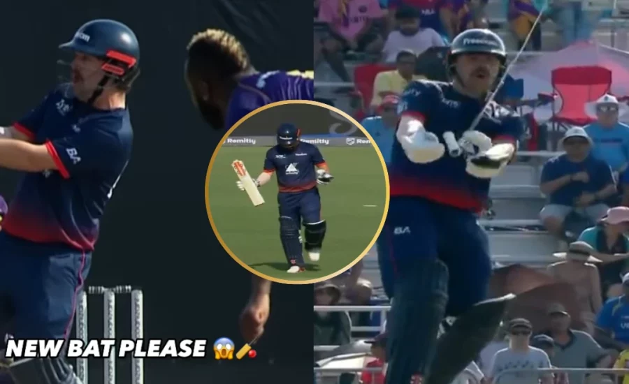 Travis Head shocked as his bat breaks in two against Andre Russell’s bowling at MLC 2024