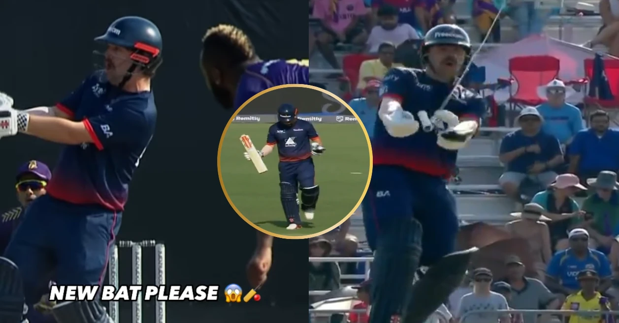 Travis Head shocked as his bat breaks in two against Andre Russell’s bowling at MLC 2024