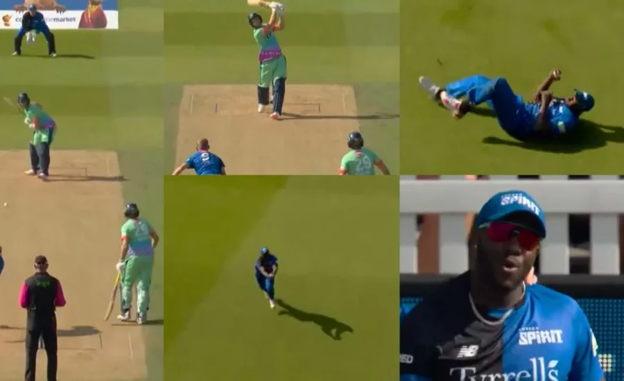 Andre Russell executes a stunning backward-running catch in The Hundred 2024