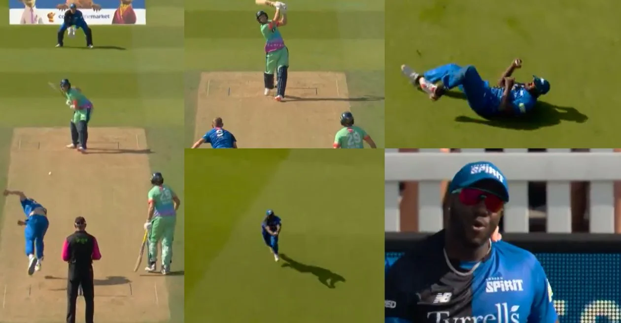 Andre Russell executes a stunning backward-running catch in The Hundred 2024