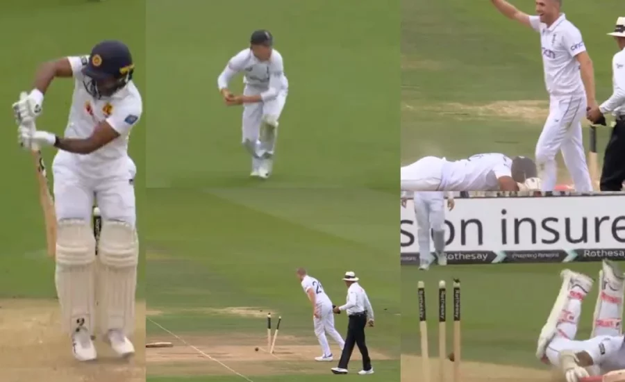 England captain Ollie Pope hits a bulls eye to dismiss Lahiru Kumara on Day 2 of the 2nd Test