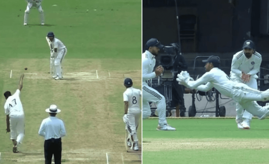 Dhruv Jurel takes a stunning flying catch behind the stumps in Duleep Trophy