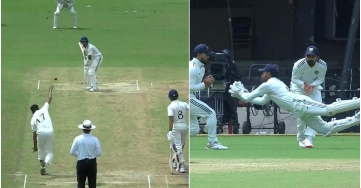 Dhruv Jurel takes a stunning flying catch behind the stumps in Duleep Trophy