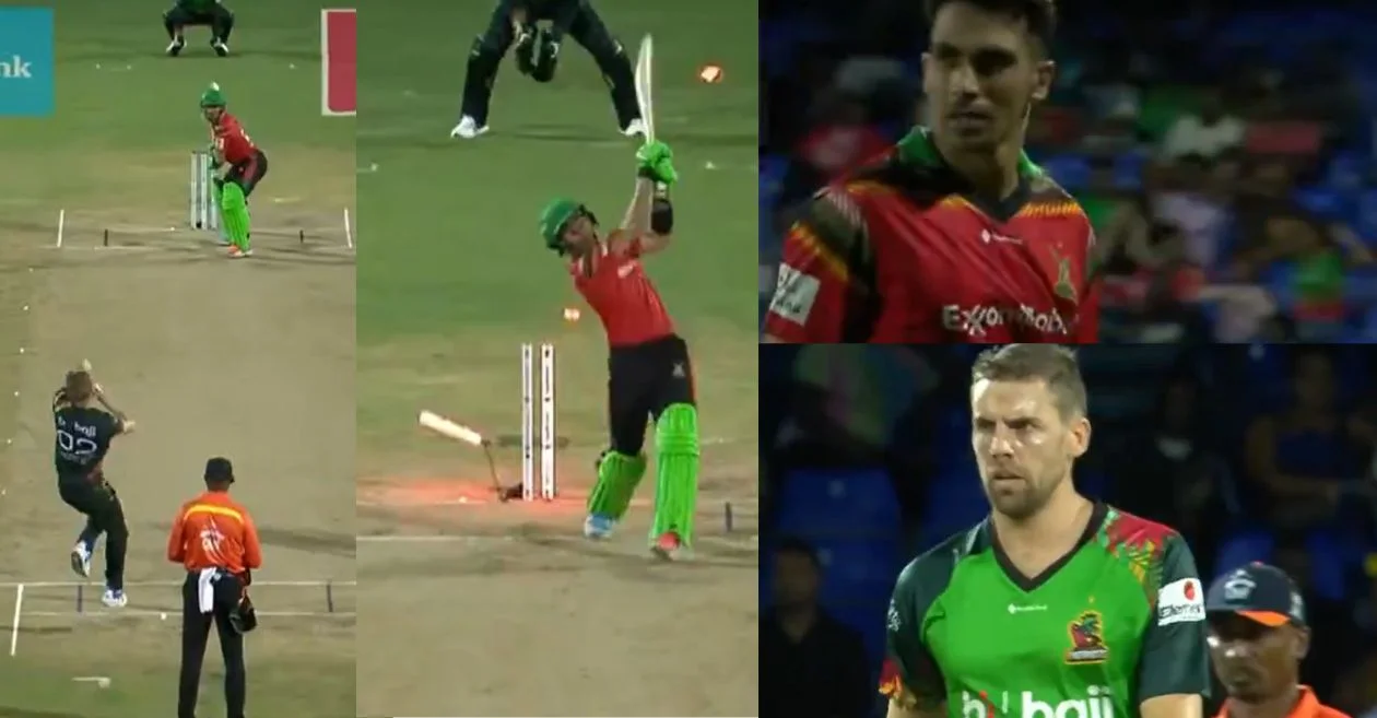 CPL 2024 : Anrich Nortje delivers a thunderous ball to uproot Rahmanullah Gurbaz’s off-stump