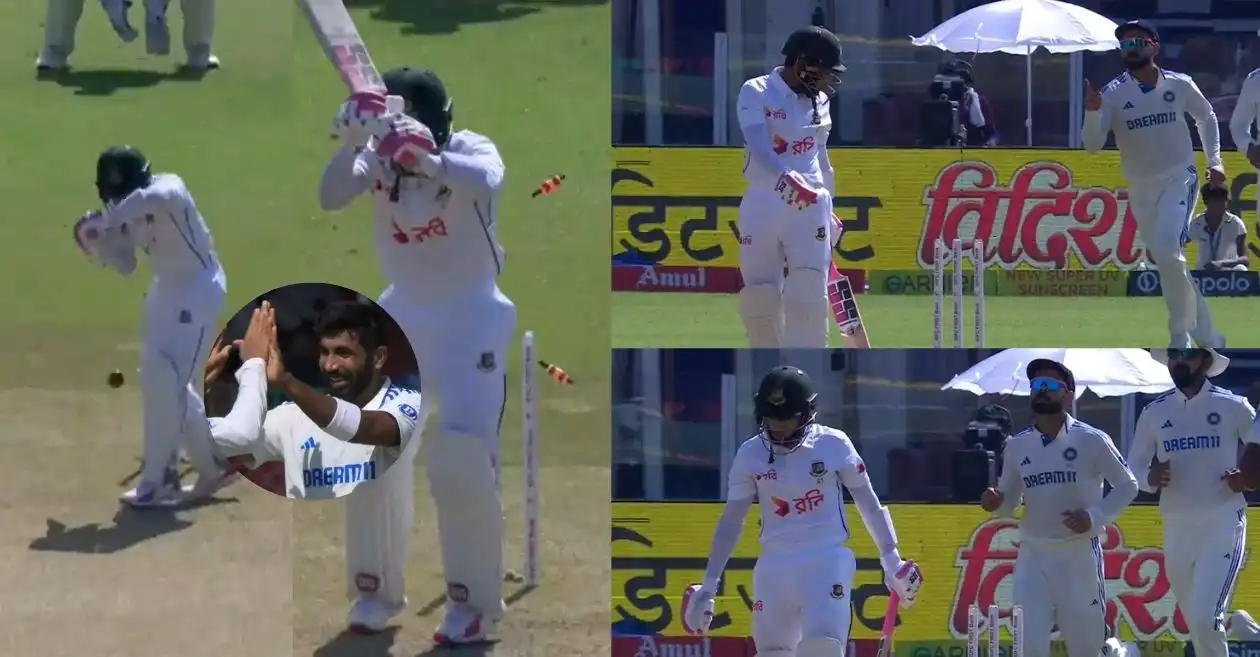 IND vs BAN : Virat Kohli celebrates as Jasprit Bumrah cleans up Mushfiqur Rahim on Day 4 of the Kanpur Test