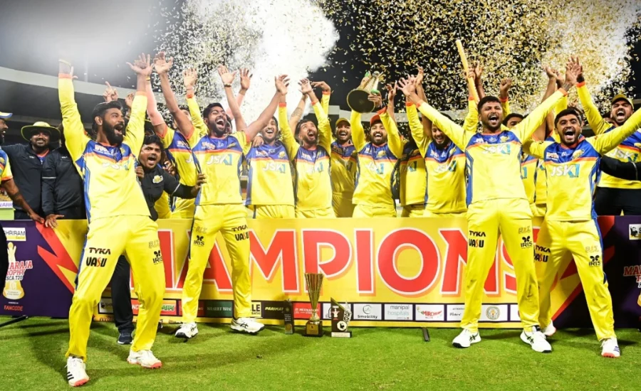 Karun Nair’s Mysore Warriors lifts the 2024 Maharaja T20 Trophy after thrashing Bengaluru Blasters in the final