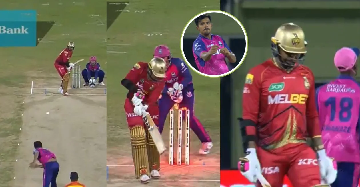 Maheesh Theekshana cleans up Sunil Narine with an unplayable delivery in CPL 2024 Eliminator