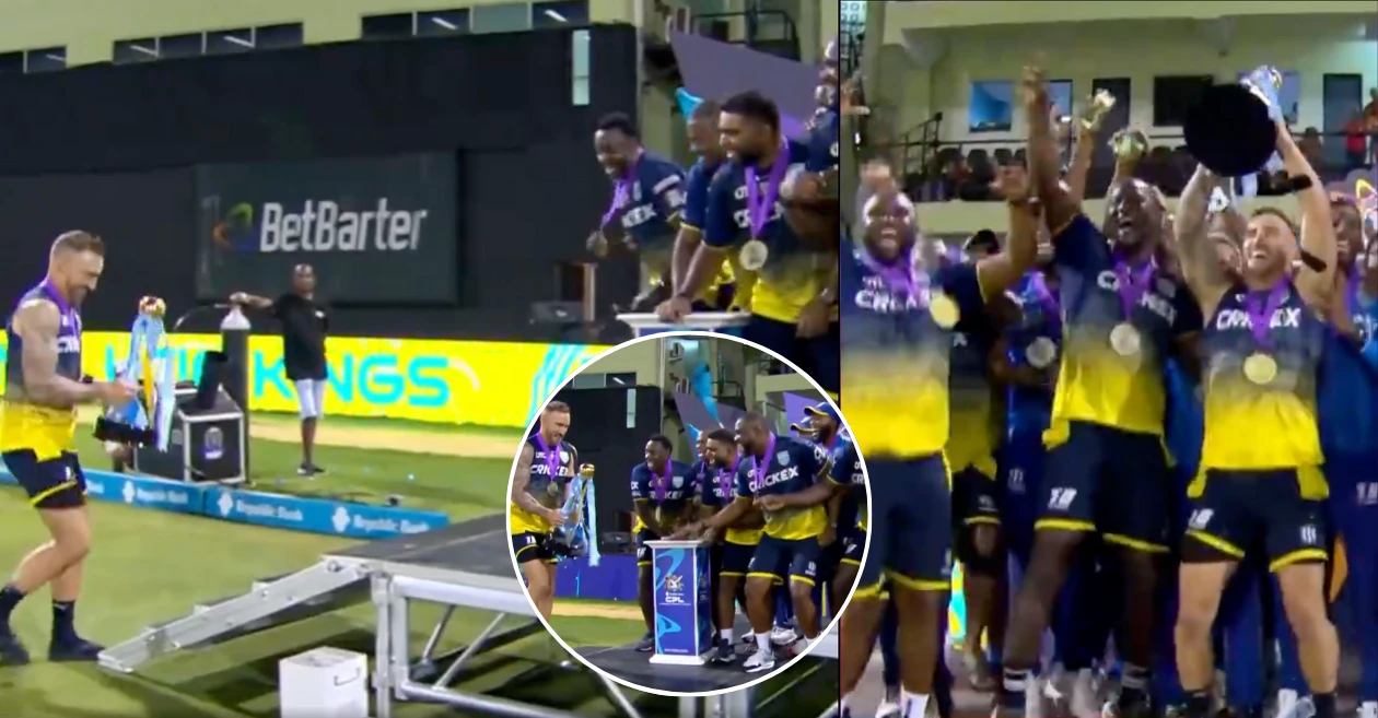 Faf du Plessis replicates Rohit Sharma’s iconic trophy celebration after lifting the CPL 2024 trophy