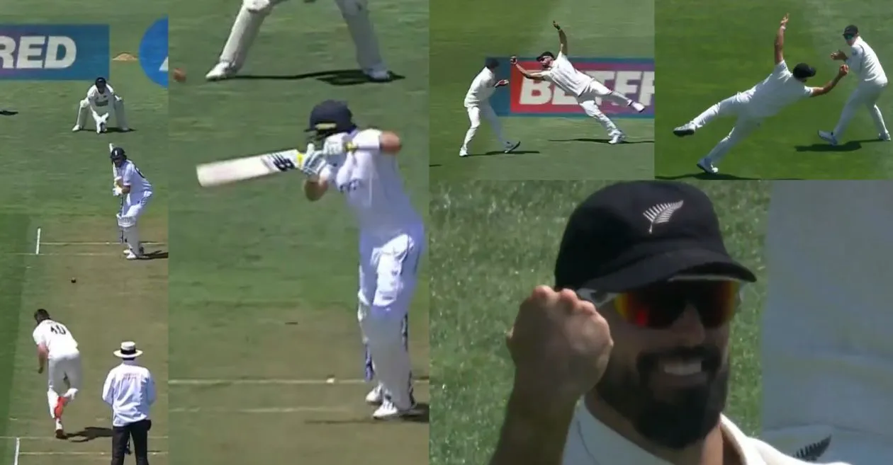 NZ vs ENG : Daryl Mitchell grabs a breathtaking one-handed stunner to dismiss Joe Root on Day 1 of the second Test