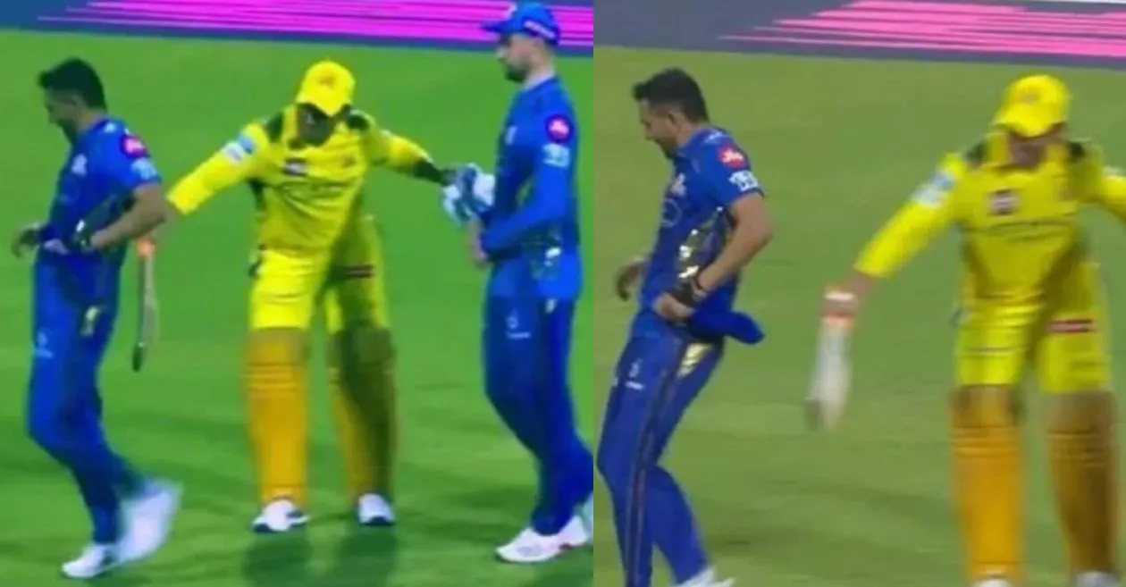 MS Dhoni hilariously hits Deepak Chahar with bat in post-match banter following CSK vs MI 2025 IPL clash